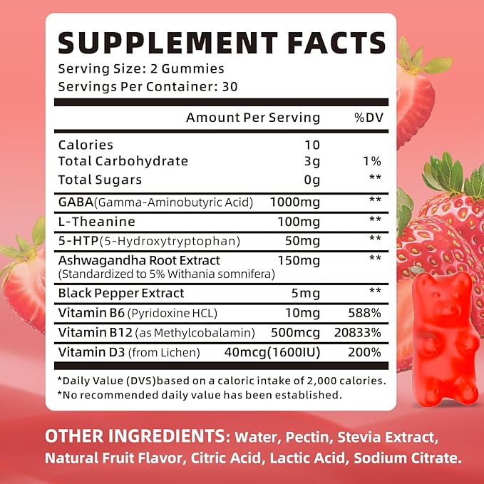 GABA Gummies 1000mg for Kids & Adults, Chewable GABA Supplements with L Theanine 5-HTP Ashwagandha Vitamins B6,B12,D3 for Calm & Zzz, Sugar-Free/Vegan, Strawberry Flavor 120 Count