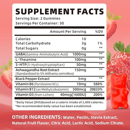 GABA Gummies 1000mg for Kids & Adults, Chewable GABA Supplements with L Theanine 5-HTP Ashwagandha Vitamins B6,B12,D3 for Calm & Zzz, Sugar-Free/Vegan, Strawberry Flavor 120 Count