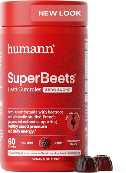 Humann SuperBeets Heart Gummies Zero Sugar - Beet Gummy with Energy Support, Grape Seed Extract & Beetroot Powder - 60 Count