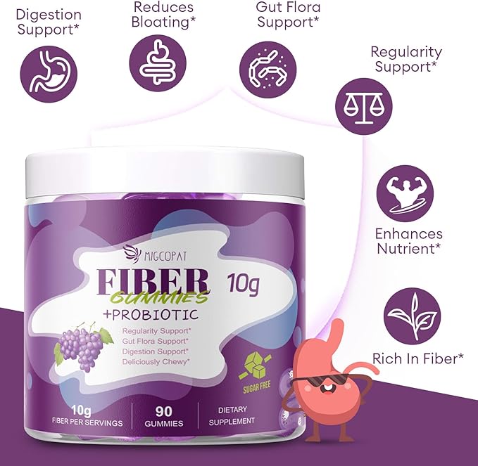 Migcopat 10G Fiber Gummies for Adults, No Sugar Added Grape Flavor, Fiber Supplement with 30 Billion CFU Probiotics Blend, ACV, Vitamin C, Inulin, Support Digestive Health, 90 Count
