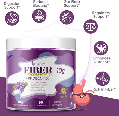Migcopat 10G Fiber Gummies for Adults, No Sugar Added Grape Flavor, Fiber Supplement with 30 Billion CFU Probiotics Blend, ACV, Vitamin C, Inulin, Support Digestive Health, 90 Count