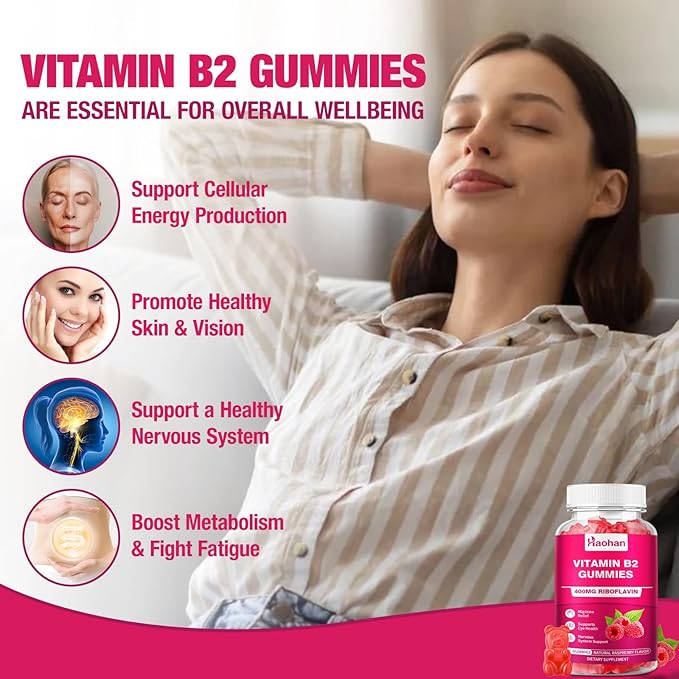 Haohan Vitamin B2 400mg with Magnesium Gummies for Migraine and Nervous System Support in Sugar-Free Vegan Raspberry Flavor, 60 Count for Adults and Kids