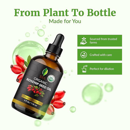 SVA Rosehip Seed Oil Organic - 4 Fl Oz – 100% Natural Cold Pressed Organic Rosehip Oil - for Face, Skin Care, Hair Care, Scalp Massage & Body Massage – Carrier Oil with Dropper