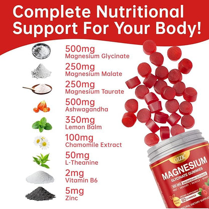 Magnesium Glycinate Gummies 500mg – Sugar Free Magnesium Gummies for Sleep, Stress, Muscle & Nerve Support – for Adults & Kids 4+, Vegan, No Melatonin (Raspberry Flavor, 60 Count)