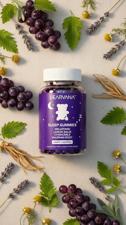BEARVANA Sleep Gummies with Melatonin | Grape Flavored Vegan Sleep Supplement with Lemon Balm, Chamomile & Valerian Root | Night time Relaxation & Rest Support | 60 Gummies