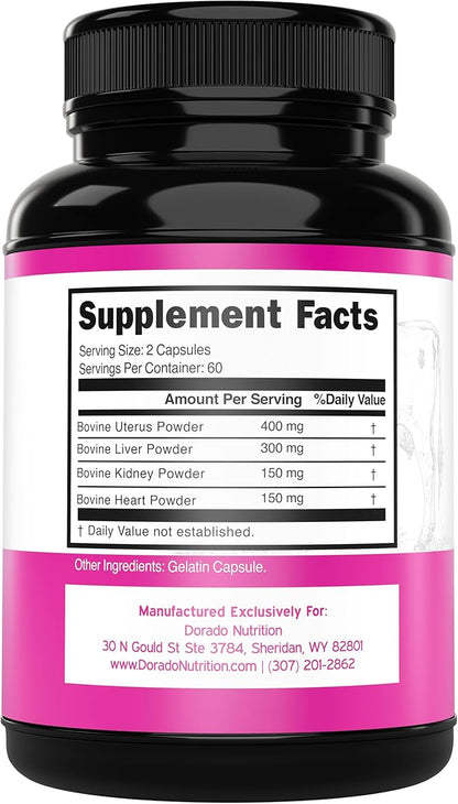 Beef Organ Supplement for Women - Grass Fed Beef Liver, Heart, Kidney & Uterus 1000mg Per Serving - Support Women's Energy & Overall Health - Third Party Tested & Non GMO - USA Made (120 Capsules)