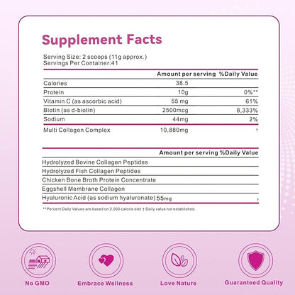 Multi Collagen Peptides Powder, 16 Oz (41 Servings) - Protein Supplement, Type I, II, III, V, X with Hyaluronic Acid, Vitamin C and Biotin, Unflavored, Easily Mixes in Drinks