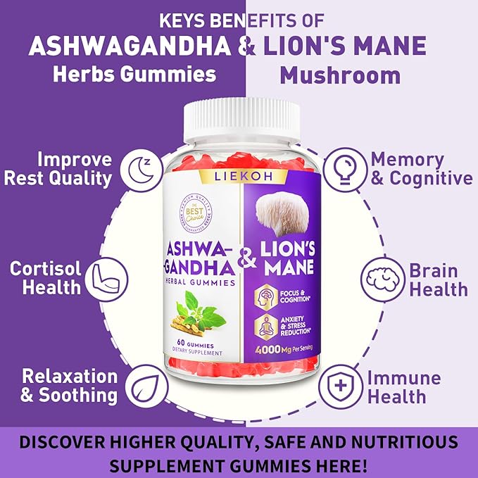 Ashwagandha Gummies - Organic Ashwagandha & Lions Mane Gummies for Adults with 4 Adaptogenic Herb for Stress, Cognitive & Immune Support| Cortisol Supplements for Women & Men, Berry Flavor - 60 Counts