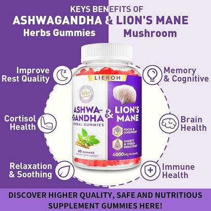 Ashwagandha Gummies - Organic Ashwagandha & Lions Mane Gummies for Adults with 4 Adaptogenic Herb for Stress, Cognitive & Immune Support| Cortisol Supplements for Women & Men, Berry Flavor - 60 Counts