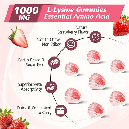 2 Pack L-Lysine Gummies 1000mg, Lysine Gummies Supplement for Adults & Kids, Essential Amino Acid with L-Arginine, L-Glutamine for Lip & Skin, Immune, Calcium Absorption, Strawberry Flavor, 120Ct