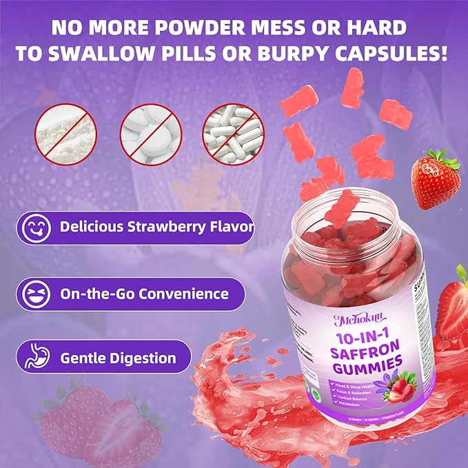 Saffron Supplements Gummies for Kids & Adults Vision, Zzz, Focus & Cortisol with Ashwagandha, L-Theanine, Rhodiola Rosea, St.John's Wort, Lemon Balm, Vitamin D3, B6, Magnesium & Zinc, Strawberry, 60Ct