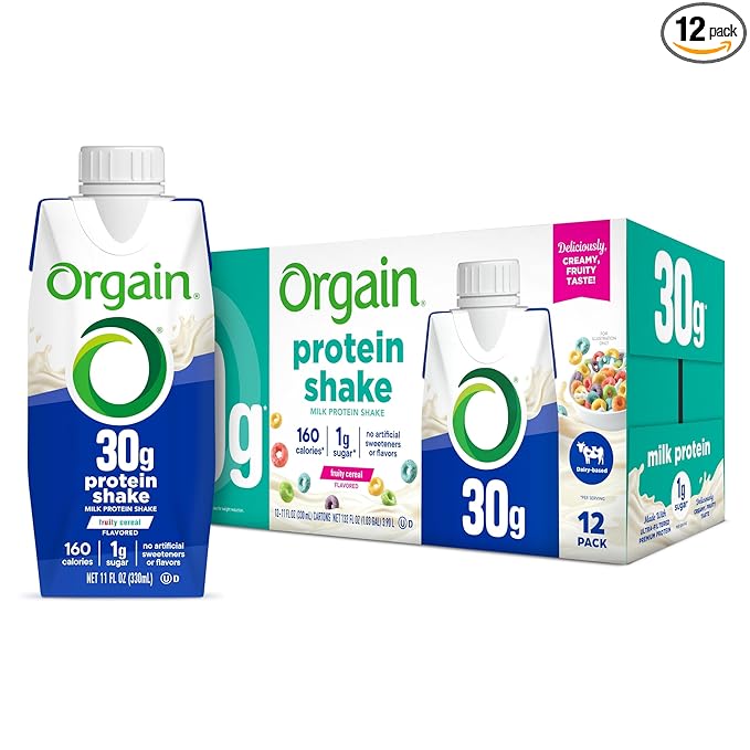 Orgain 30g High Protein Shake, Dairy Isolate Milk Protein, Fruity Cereal, 5g BCAAs, <1g Sugar Per Serving, Meal Replacement, Ready to Drink, Keto Friendly, Gluten-Free 11 Fl Oz (Pack of 12)
