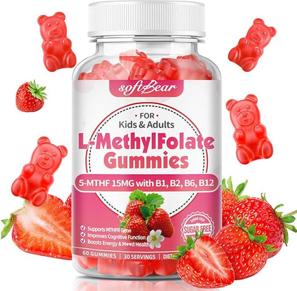 softbear L-Methylfolate 15mg Gummies for Kids & Adults, Organic Methylfolate Supplement 5-MTHF Plus Methyl B12, B1, B2, B6 Support MTHFR Gene, Cognition Function, Strawberry Flavor 60 Count