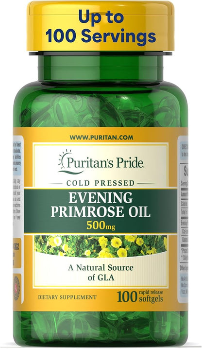 Puritan's Pride Cold Pressed Evening Primrose Oil 500 mg with GLA, Dietary Support Supplement for Womens and Skin Health, 100 Rapid Release Soft Gels