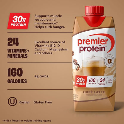 Premier Protein Shake, Café Latte with Caffeine for Energy – 30g Protein, No Added Sugar, 24 Vitamins & Minerals to Support Immune Health, 11 fl oz, 12 Pack