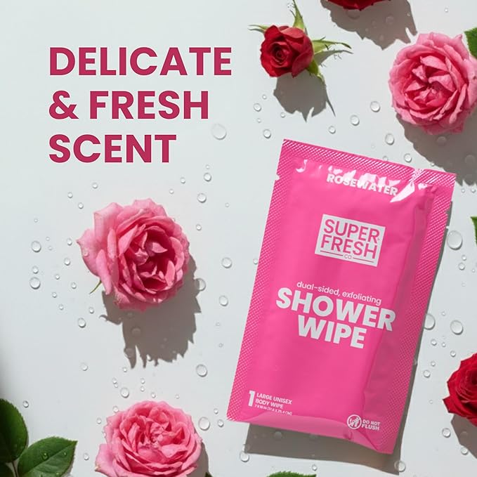 Super Fresh Shower Wipes Large RoseWater Body Wipes for No Rinse Bathing Personal Hygiene Gym Travel or Camping Enriched with Aloe and Vitamin E 20 Individually Wrapped Disposable Sheets