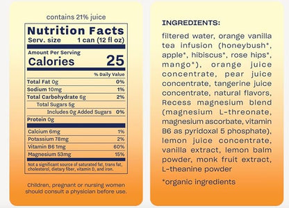 Recess Mood Magnesium Supplement Drink Calming Beverage, 12 Ounce (Orange Vanilla, 12 Pack)