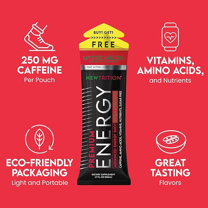 NewTrition® Extra Strength Energy Shots, 1.7 fl oz - 250mg Caffeine with Vitamin B & Amino Acids, Sugar-Free, Zero Calorie Vitamin Energy Drink for Focus & Endurance (Pack of 6, Mystic Melon)