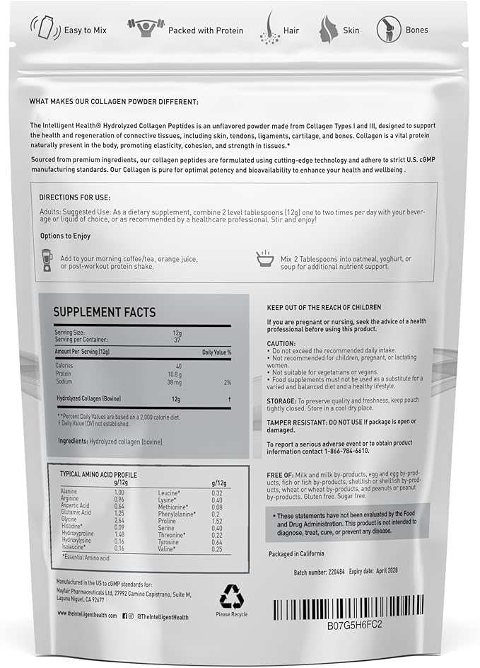 The Intelligent Health Collagen Peptides Powder, 45 Servings, Hydrolyzed Collagen, Type I & III, Grass Fed, Unflavored, Gluten Free, Keto/Paleo, 10g Servings, 15.9 Oz, Skin Support, Hair, Nail, Joints