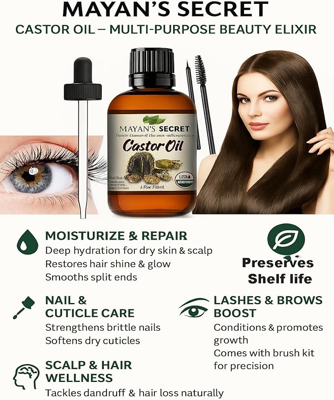 Certified Organic Castor Oil by Mayan's Secret: Nourishing and Strengthening Oil for Hair and Skin
