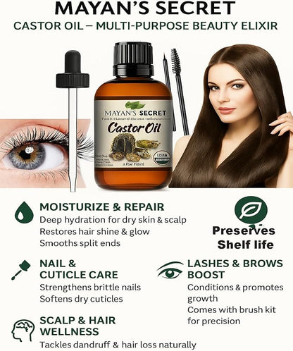 Certified Organic Castor Oil by Mayan's Secret: Nourishing and Strengthening Oil for Hair and Skin