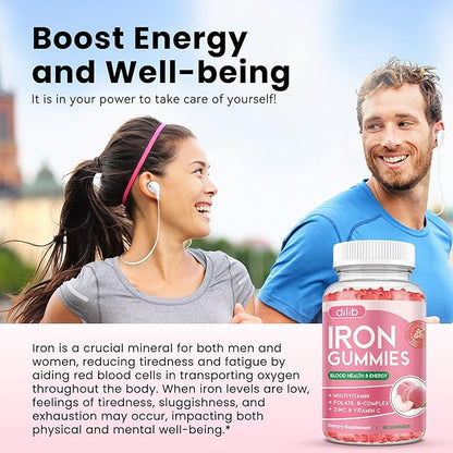 Iron Gummies with Multivitamin, Iron Supplement for Women & Men, Kids Multivitamin with Zinc, Vitamin B Complex & C, B12, Folate - Blood Builder, Energy Support, Peach Flavor, Vegan 120 Gummies
