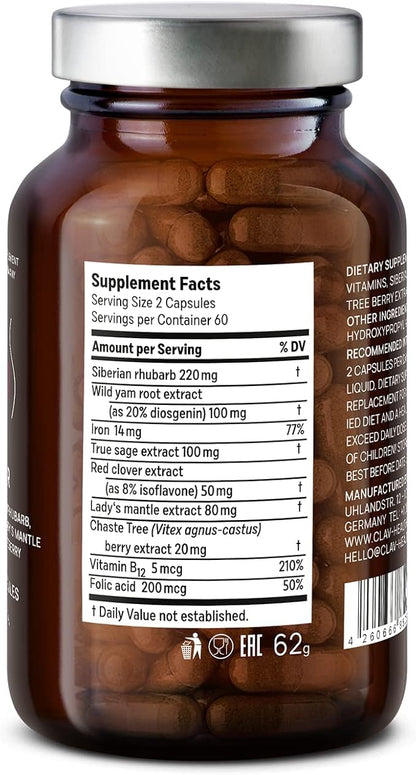 CLAV® Natural Hormone Balance for Women - PMS Relief with Siberian Rhubarb, Wild Yam & Vitex Berry - Vegan Menstrual Regulator Supplement - 120 Capsules