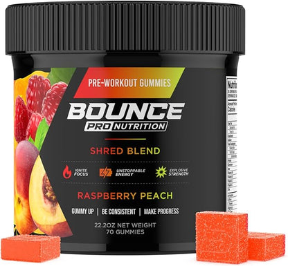 Bounce Pro Shred Blend Pre Workout Gummies – Raspberry Peach – 70 Vegan Gummies with Caffeine, Ashwagandha & L-Theanine for Energy, Focus & Endurance (70 Count (Pack of 1), Raspberry Peach)
