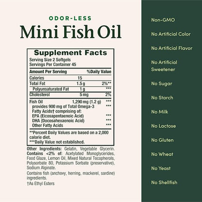 Nature's Bounty Mini Fish Oil Softgels, Burpless Fish Oil Omega 3 Supplements, Supports Heart Health, 90 Softgels (Pack of 1)