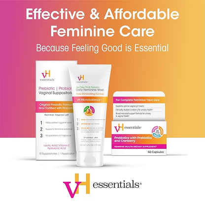 vH essentials Feminine Cleansing Wipes 32 ct. pH Balanced, Prebiotics, Tea Tree & Aloe, Soothing Witch Hazel, Odor-Blocking Formula, Vaginal and Perianal Care, Paraben, Alcohol, and Fragrance-Free