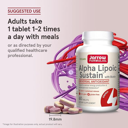 Jarrow Formulas Alpha Lipoic Sustain with Biotin, 300 mg Alpha Lipoic Acid, Universal Antioxidant, Dietary Supplement, 60 Vegan Tablets, Up to a 60 Day Supply