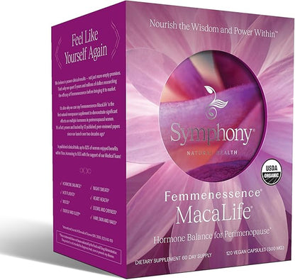 Femmenessence® MacaLife® – Clinically Proven Perimenopausal Organic Vegan Supplement for Natural Hormone Balance, Symptom Relief, Heart & Mood Support (120 Capsules, 60 Day Supply)