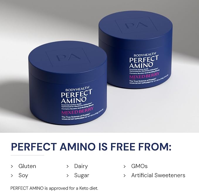 BodyHealth PerfectAmino - BCAA and EAA Powder for Pre and Post Workout - Amino Acid Energy Drink for Men and Women to Support Lean Muscle and Recovery - Mixed Berry - 20 Servings