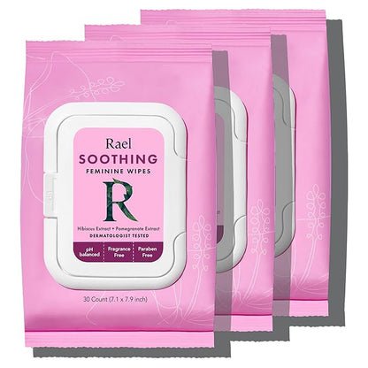 Rael Feminine Wipes, Flushable, Travel Size, All Skin Types, Daily Use (Soothing, 30 Count Pack of 3)