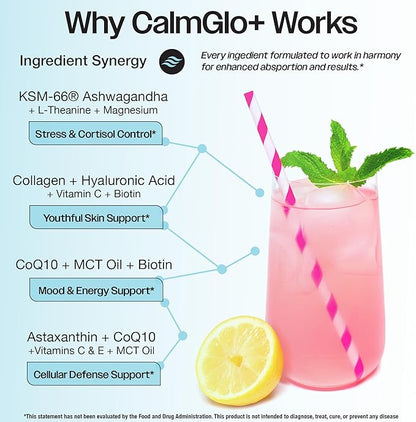 Daily Stress & Skin Support Drink Powder – Adaptogen Cortisol Reducer with Ashwagandha KSM-66, L-Theanine, Magnesium & Collagen Peptides – Mood, Focus & Hydration - Raspberry Lemonade, 30 Servings