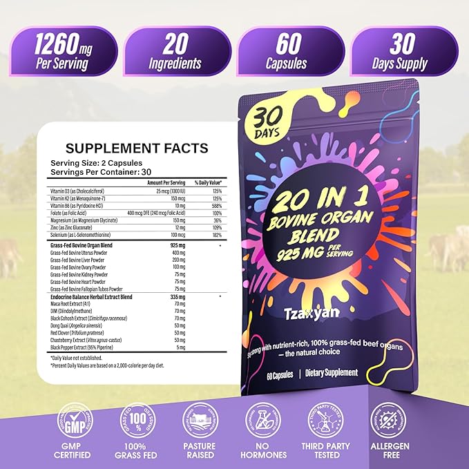 20-In-1 Beef Organ Supplement for Women, 925MG Grass Fed Beef Liver, Uterus, Ovary & 3 more with Maca, DIM, Black Cohosh, Vitamin & Mineral, Bovine organ Capsules for Hormone Balance, Energy, 30 Days