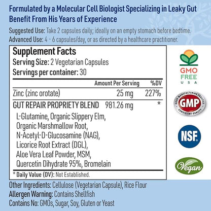 Leaky Gut Repair Natural Gut Health Supplement Glutamine Organic Slippery Elm NAG Marshmallow Root Aloe Vera MSM Quercetin Bromelain Promotes Digestive Ease, Gut Wellness 1000mg 120 Caps