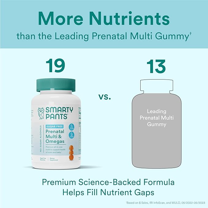 SmartyPants Prenatal Vitamins for Women, Sugar Free Multivitamin Gummies: Methylfolate, Omega 3 (ALA) Vitamin D3, C, Vitamin B12, B6, A, K & Zinc, Inositol, Erythritol Free, 60 Count (20 Day Supply)