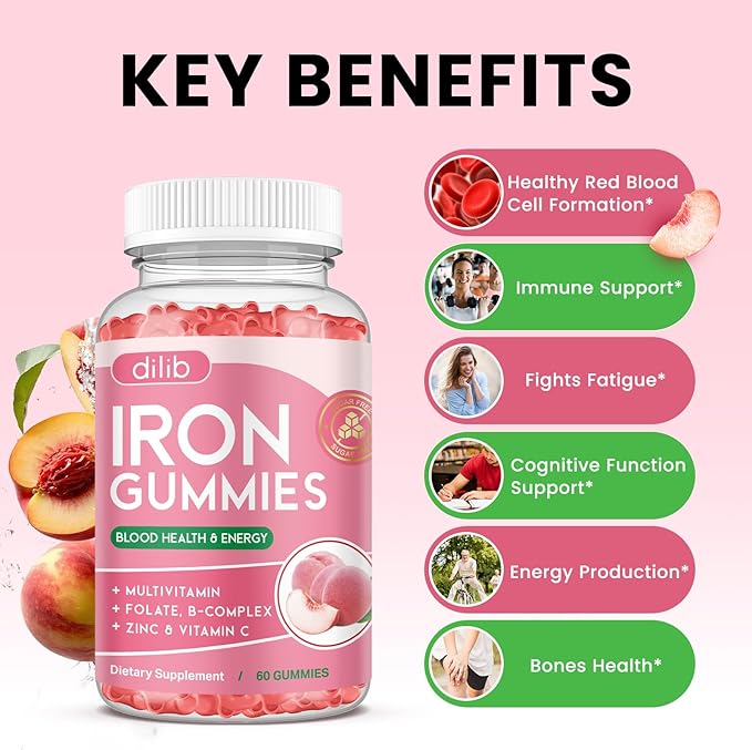 Iron Gummies with Multivitamin, Iron Supplement for Women & Men, Kids Multivitamin with Iron, Zinc, Vitamin B Complex & C, B12, Folate - Blood Builder, Energy Support, Peach Flavor, Vegan 60 Gummies