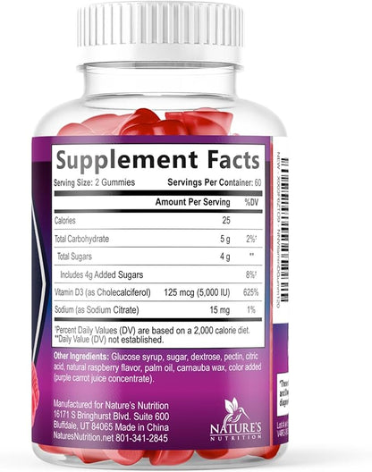 Vitamin D Supplement Gummy - Vitamin D3 125 mcg 5000 IU Per Serving - Bone, Teeth, Muscle and Immune Health Support for Men & Women, Premium VIT D3 Nature's & Gluten Free - 120 Gummies