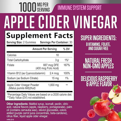 Apple Cider Vinegar Gummies 1000mg per Serving - Sugar Free Max Strength ACV Gummy Vitamins Supplement, Advanced Formula, Vitamin B12 Supports Metabolism & Energy, Keto Friendly, Vegan, 60 Gummies