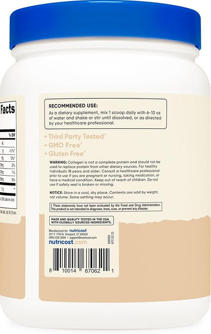 Nutricost Collagen Peptides Powder 1LB (454 G) (Vanilla) - Grass Fed Bovine Collagen Hydrolysate