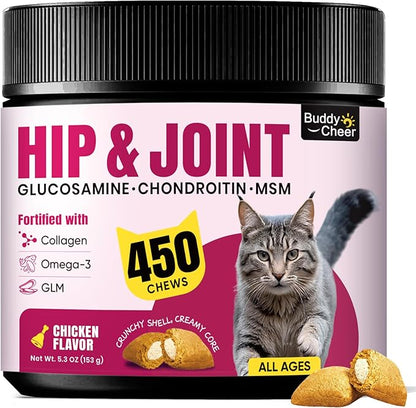 Glucosamine for Cats, Cat Joint Supplement with Chondroitin, Omega-3s & Green-Lipped Mussel, Pain Relief Crunchy & Creamy Treats for Senior Cats, Hip & Joint, Mobility & Flexibility Support -450 Chews
