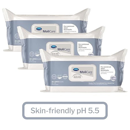 MoliCare Skin Personal Wipes, Pre-Moistened Adult Washcloths - Active Skin Protection with Aloe and Lanolin, Hypoallergenic, Alcohol-Free - 9 in x 13 in, 48 Count, 12 Packs, 576 Total
