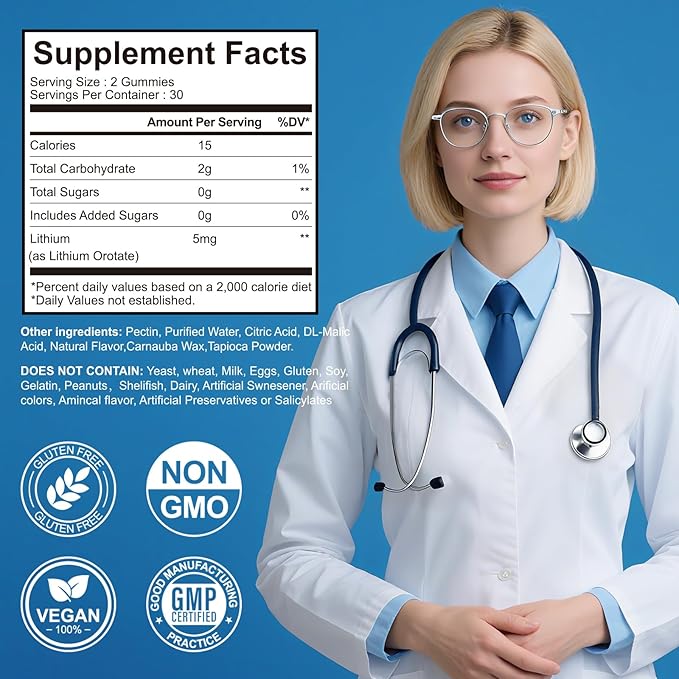 Lithium Orotate 5mg Gummies for Adults and Kids, Low-Dose Chelated Lithium Orotate for Mood Support & Cognitive Improvement, Sugar-Free, Non-GMO, Gluten-Free, Vegan-Friendly, Blueberry Flavor, 60