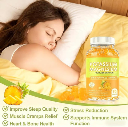 Potassium Magnesium Gummies,High Absorption Magnesium Glycinate,B6,D3,Potassium Citrate for Electrolyte Balance, Muscle Health and Relieve Leg Cramps Support, 60 Count Pineapple