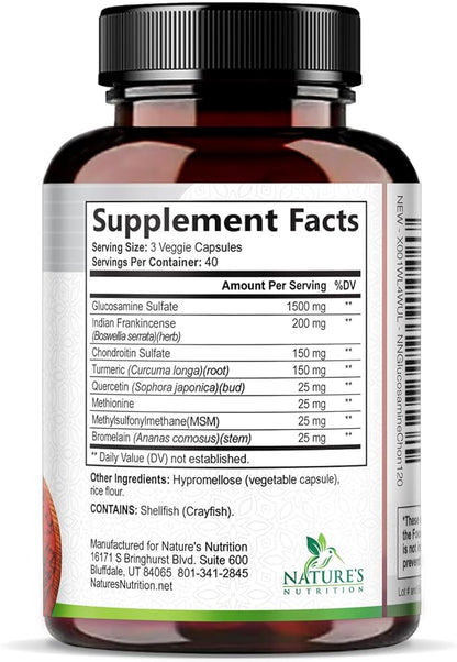 Glucosamine Chondroitin MSM - Joint Support Supplement for Joint Mobility, Comfort and Cartilage Support For Men and Women - Glucosamine Complex Supplements with Turmeric & Boswellia - 120 Capsules
