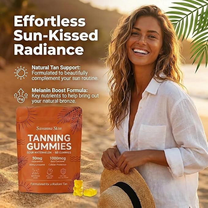 Savanna Skin Sunless Tanning Gummies for Natural Bronze Glow - with Beta Carotene, Vitamin C & E - Vegan & Sugar-Free Skin Hydration Supplement - 60 Count