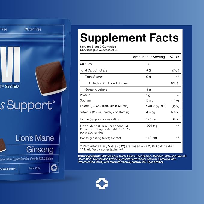 URVI Lion's Mane Gummies 5-in-1 – 9000mg Lion's Mane, Panax Ginseng, Folate 5-MTHF, B12 & Iodine – Nootropic Brain Supplement, Boosts Memory, Focus & Energy – Sugar-Free – Cola Flavor – 60 Count