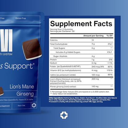 URVI Lion's Mane Gummies 5-in-1 – 9000mg Lion's Mane, Panax Ginseng, Folate 5-MTHF, B12 & Iodine – Nootropic Brain Supplement, Boosts Memory, Focus & Energy – Sugar-Free – Cola Flavor – 60 Count